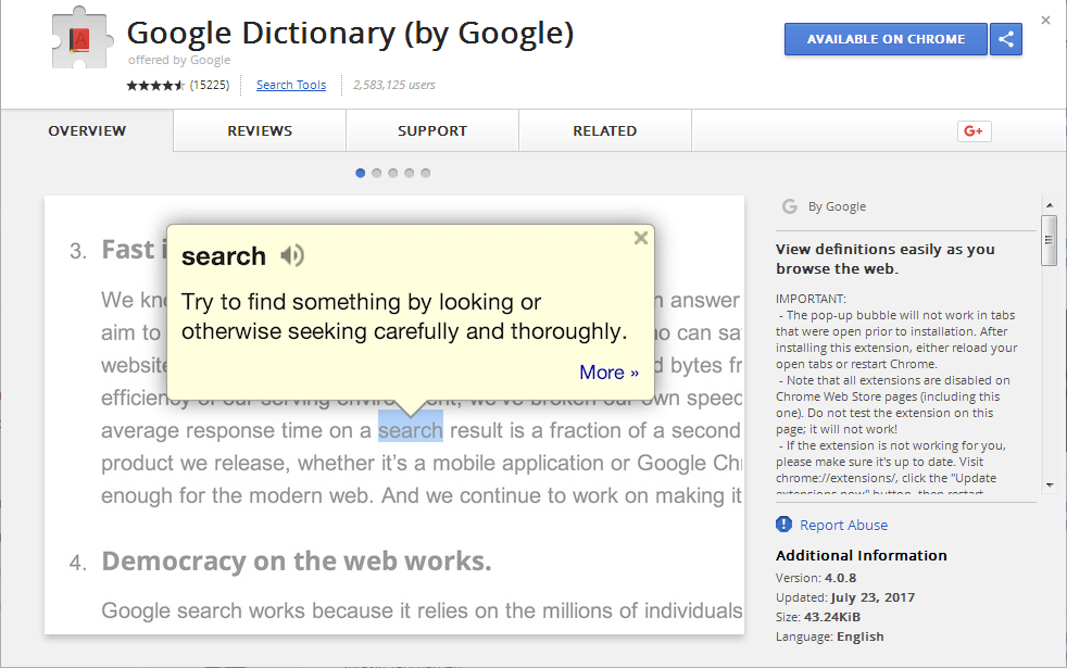 Google Dictionary Chrome extensions